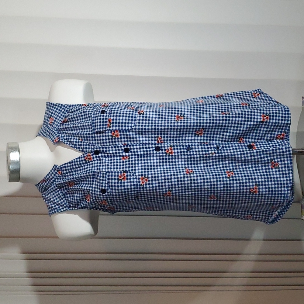 FRENCH LAUNDRY Blue/White Checkered Button-down Sleeveless Top-Floral-EUC-Sz S